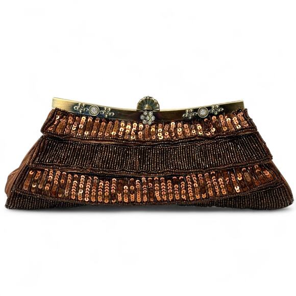 Vintage Jessica McClintock Beaded Sequin Satin Clutch Evening Bag Brown Art Deco - Picture 1 of 13